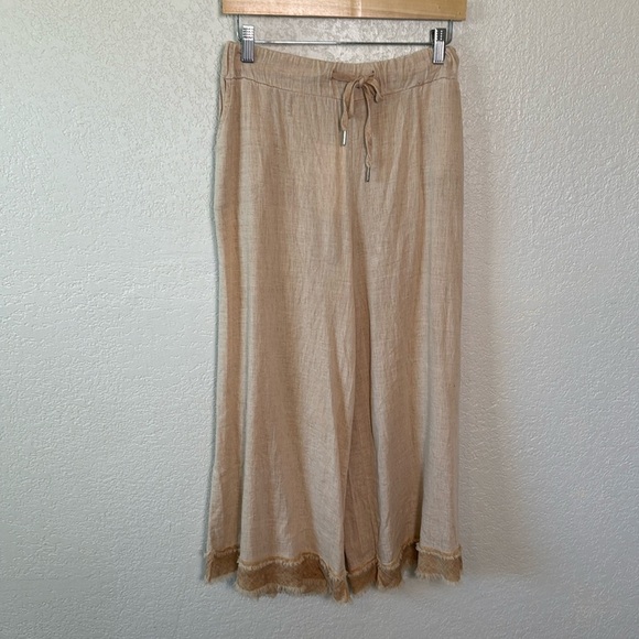 I Love Linen Women's Tan One Size Wide Leg Pants‎ Pockets Drawstring Elastic NWT - Picture 1 of 8